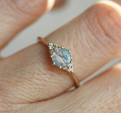 Round Moss Agate Engagement Ring with Side White and Salt & Pepper Diamonds