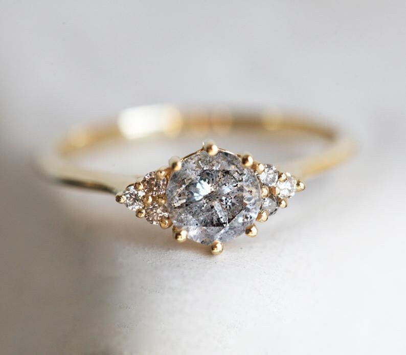 Round Salt And Pepper Diamond Ring with Side White Diamonds