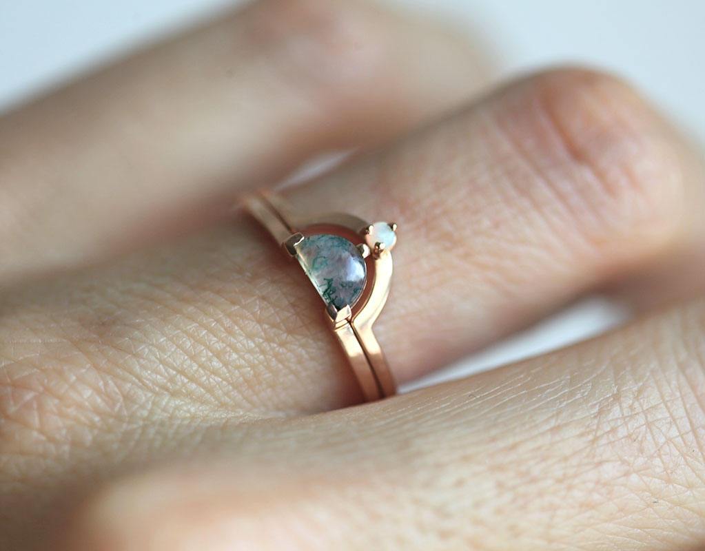 Half Moon Moss Agate Ring Set with 1 Side Australian Opal Stone