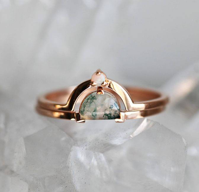 Half Moon Moss Agate Ring Set with 1 Side Australian Opal Stone