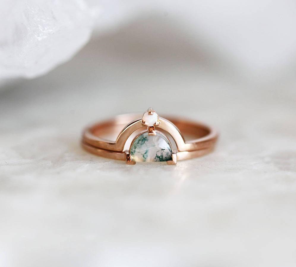 Half Moon Moss Agate Ring Set with 1 Side Australian Opal Stone