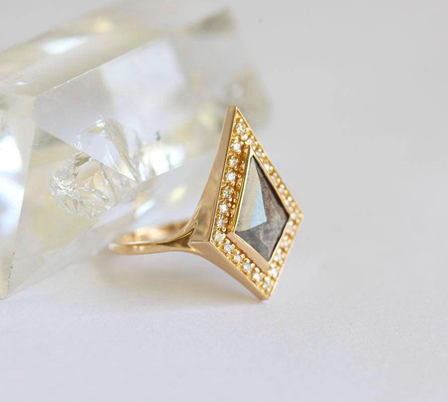 Grey Kite Salt & Pepper Diamond Yellow Gold Ring with Natural White Side Diamonds