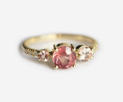 Round red garnet cluster ring with side diamonds and sapphires