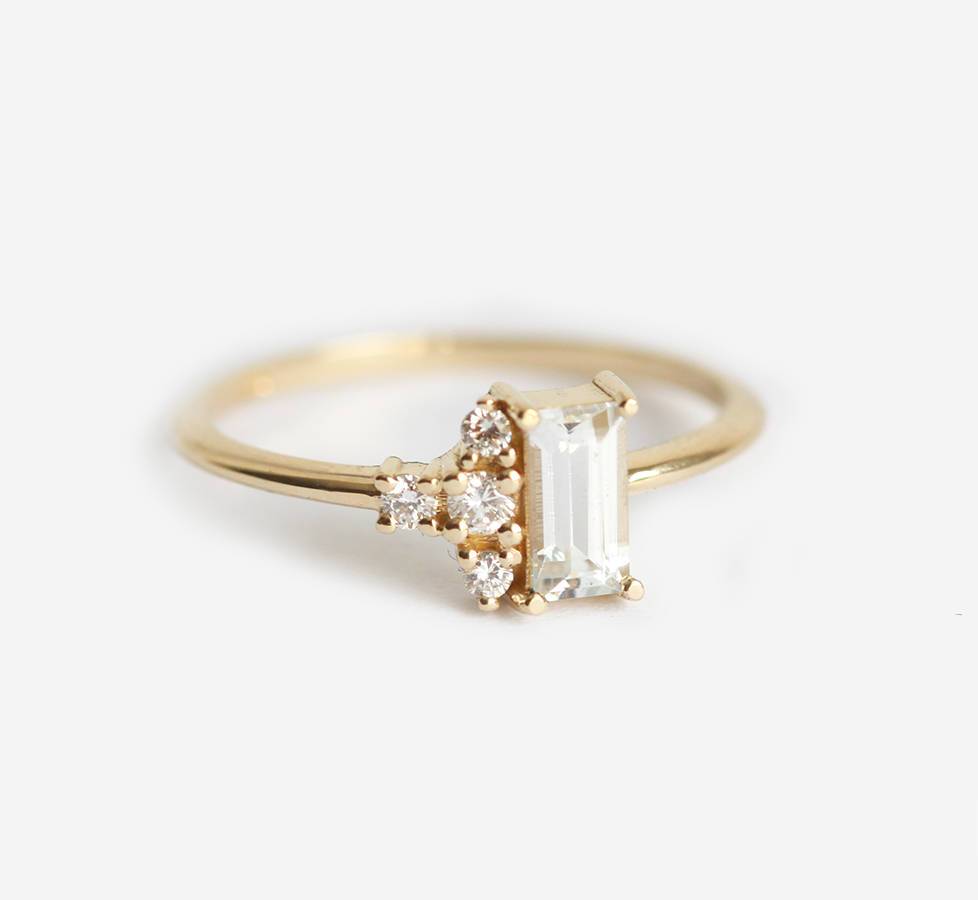 Baguette-shapped white sapphire cluster ring with side diamonds