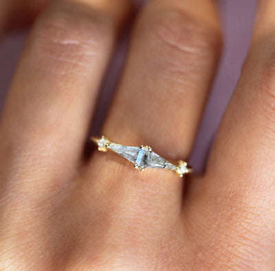 Grey Triangle Salt & Pepper Diamond Ring with Princess Cut Side Stone Diamonds