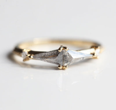 Grey Triangle Salt & Pepper Diamond Ring with Princess Cut Side Stone Diamonds