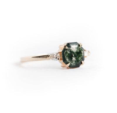 Octagon Moss Agate Ring With 2 Accent White Pear-Cut Diamonds