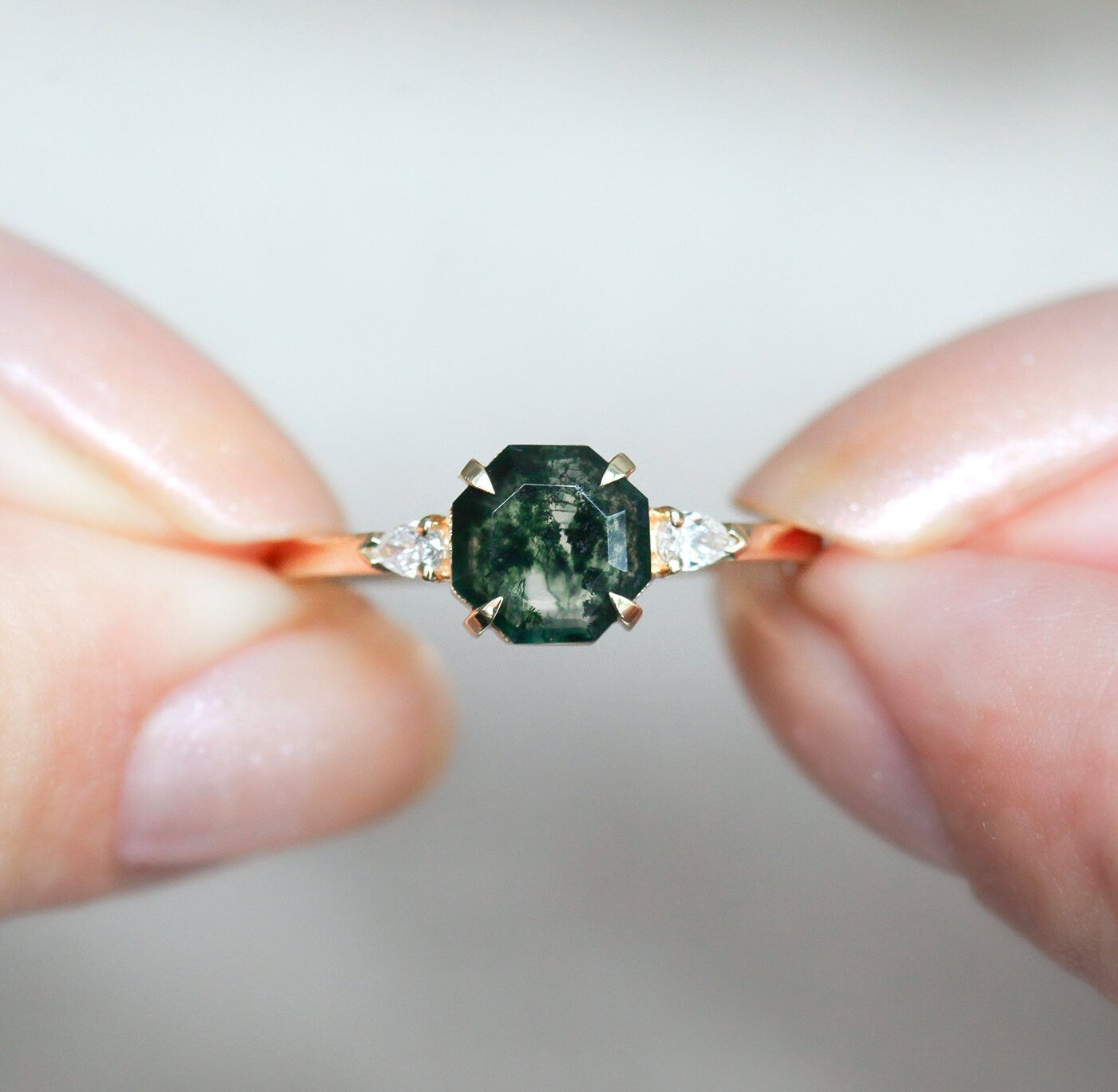 Octagon Moss Agate Ring With 2 Accent White Pear-Cut Diamonds