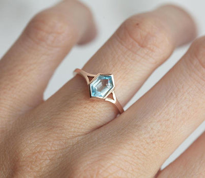 Solitaire Style Hexagon Aquamarine Ring