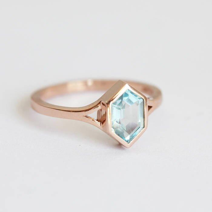 Solitaire Style Hexagon Aquamarine Ring