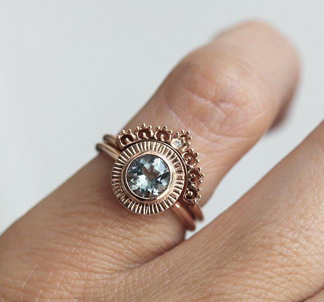 Nesting Style Round Aquamarine Ring with a small Round White Diamond on Top
