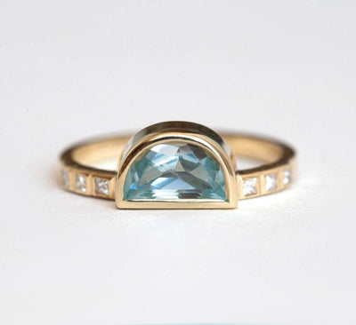 Half Moon Aquamarine Ring with Side White Diamonds