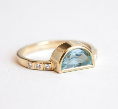 Half Moon Aquamarine Ring with Side White Diamonds