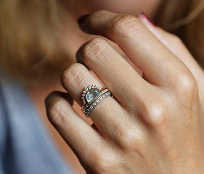 Half Moon Aquamarine Ring with Side White Diamonds