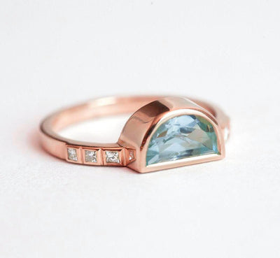 Half Moon Aquamarine Ring with Side White Diamonds