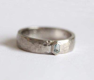 Blue Hexagon Aquamarine Ring, with the stone inlaid into the Wedding Band