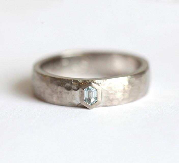 Blue Hexagon Aquamarine Ring, with the stone inlaid into the Wedding Band