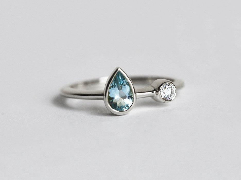 Blue Pear Aquamarine Engagement Ring with Solitaire White Diamond