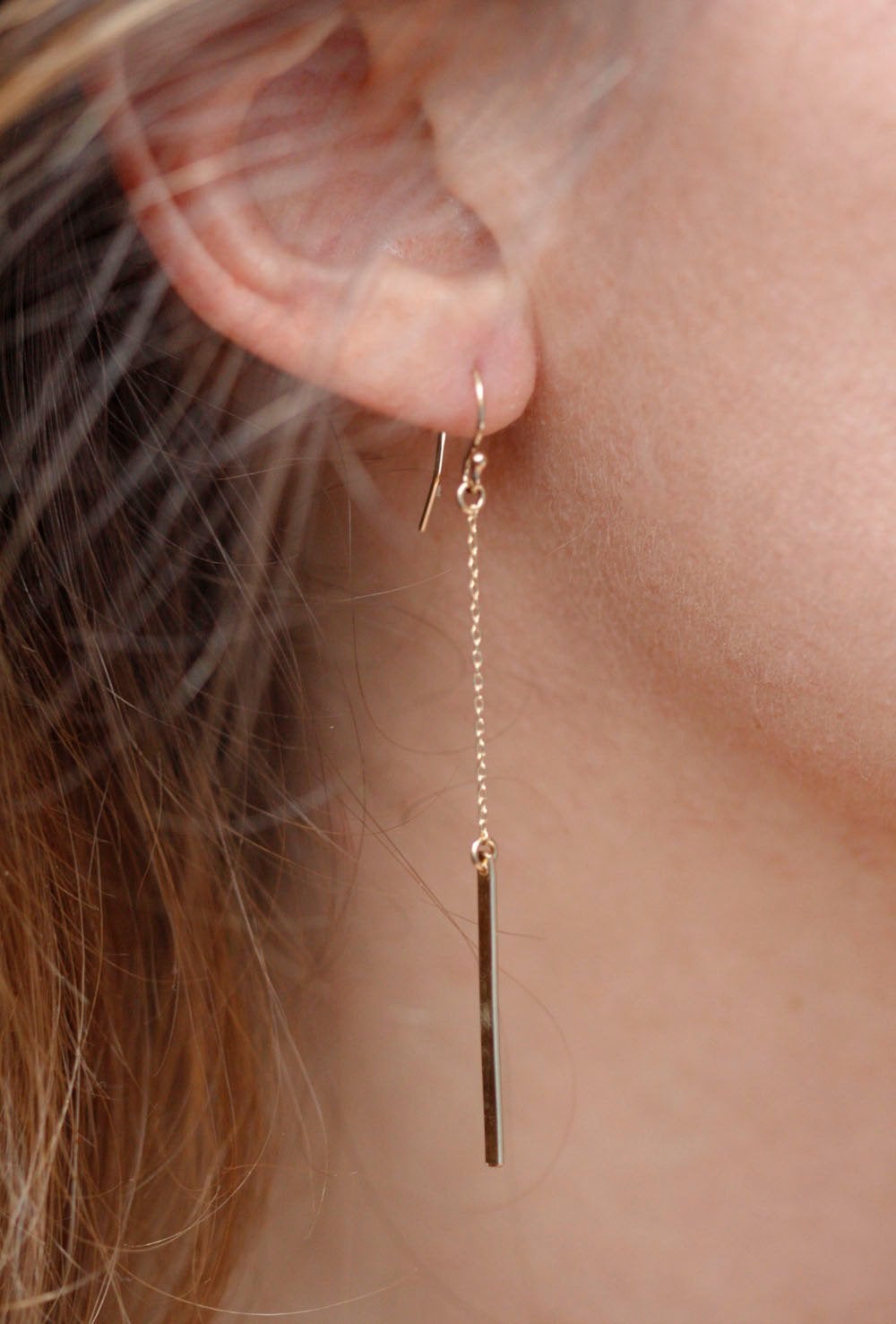 Gold bar and chain drop earrings