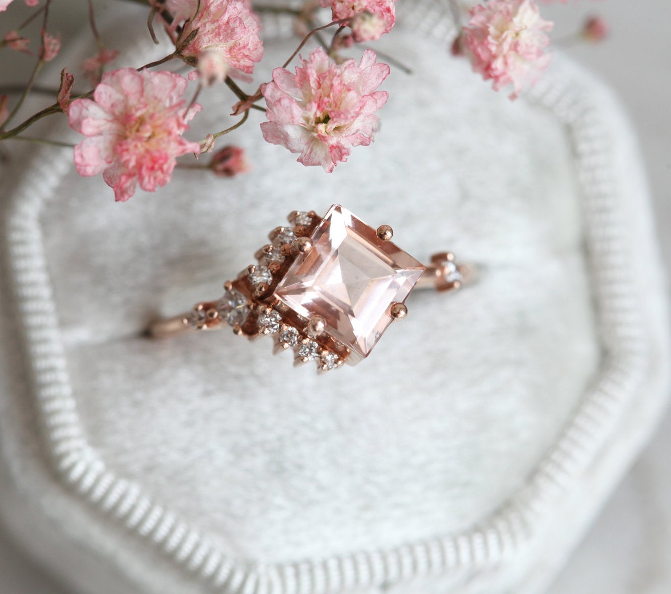 Peach morganite and diamond cluster ring