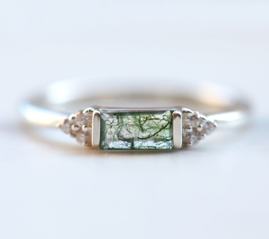Baguette Moss Agate Ring Set with Side White Diamonds