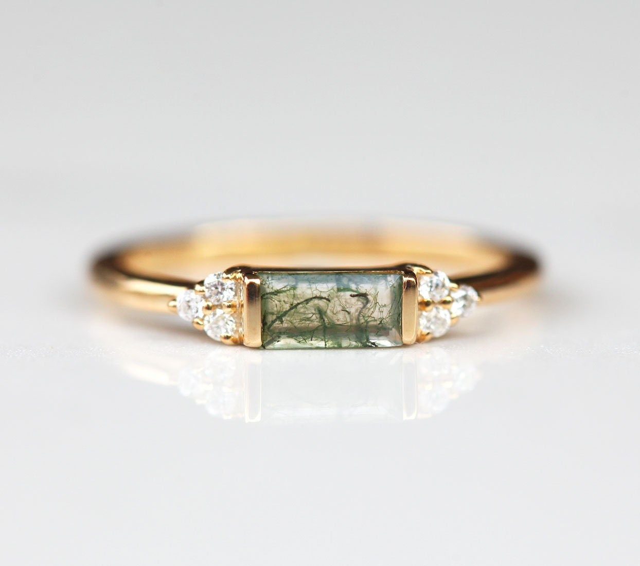 Baguette Moss Agate Ring Set with Side White Diamonds