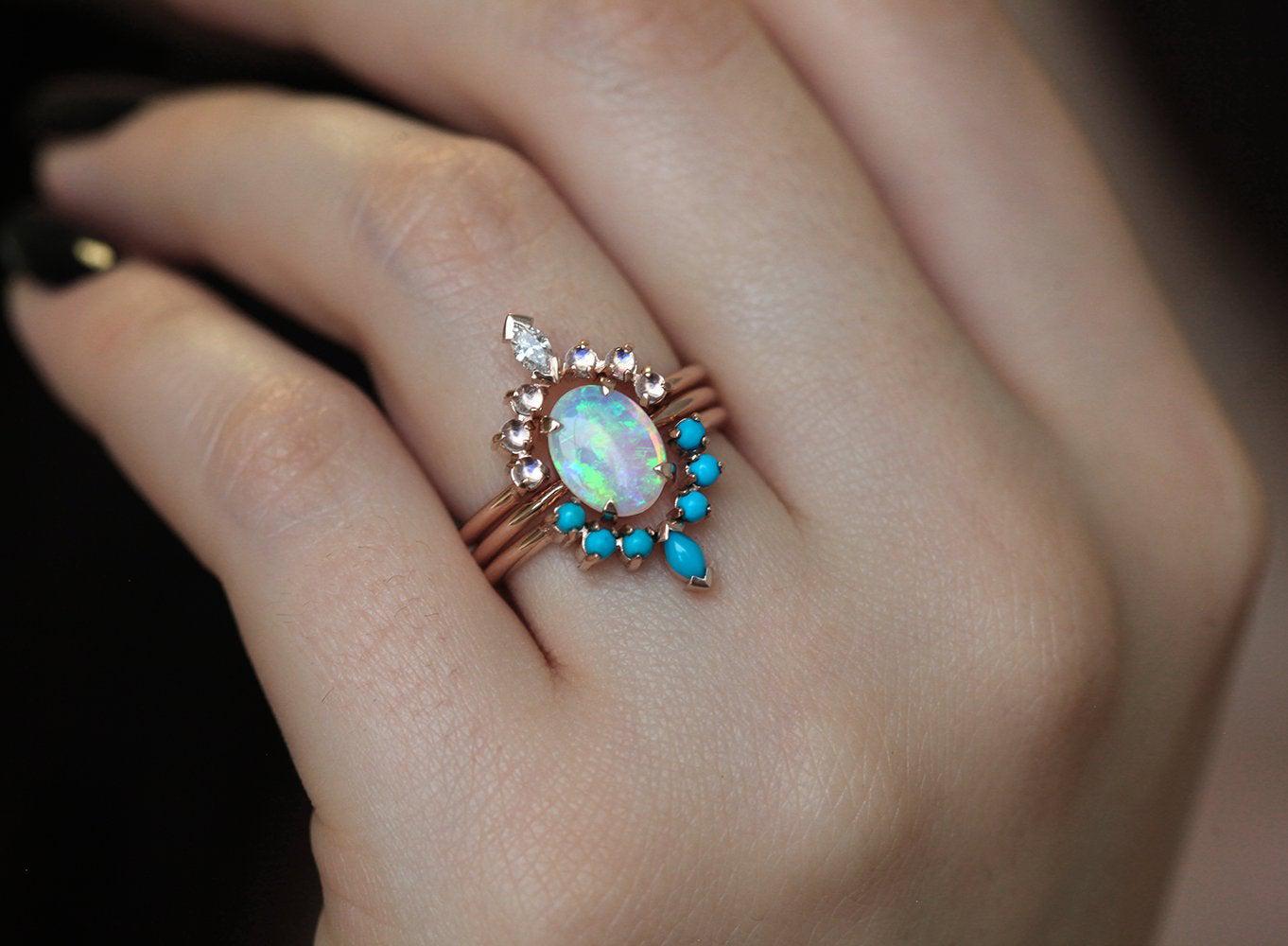 Oval Australian Opal Engagement Ring Set with Moonstone, Turquoise Gemstones and a White Diamond