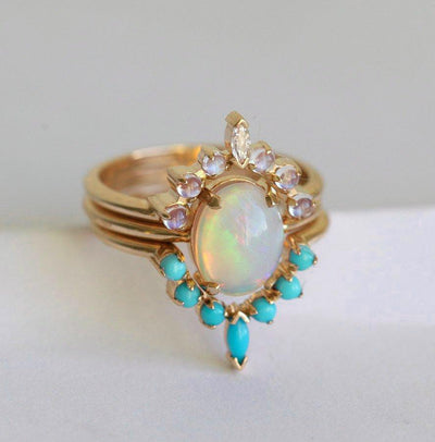 Oval Australian Opal Engagement Ring Set with Moonstone, Turquoise Gemstones and a White Diamond