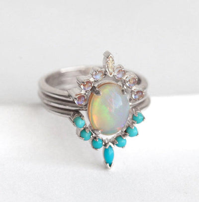 Oval Australian Opal Engagement Ring Set with Moonstone, Turquoise Gemstones and a White Diamond