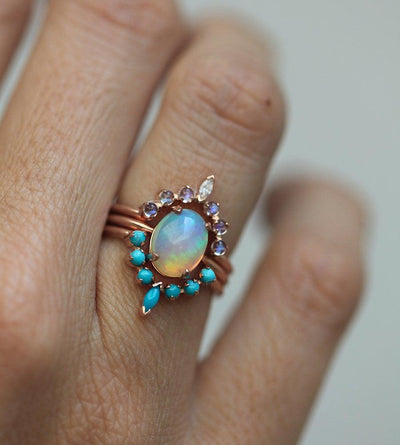 Oval Australian Opal Engagement Ring Set with Moonstone, Turquoise Gemstones and a White Diamond