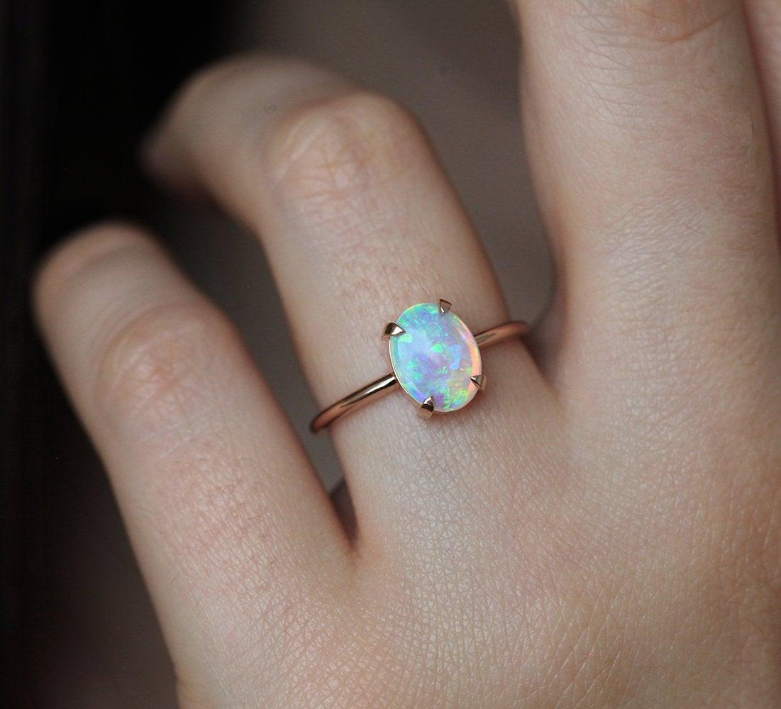 Oval Australian Opal Engagement Ring Set with Moonstone, Turquoise Gemstones and a White Diamond