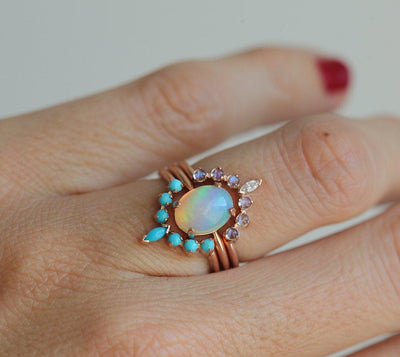 Oval Australian Opal Engagement Ring Set with Moonstone, Turquoise Gemstones and a White Diamond