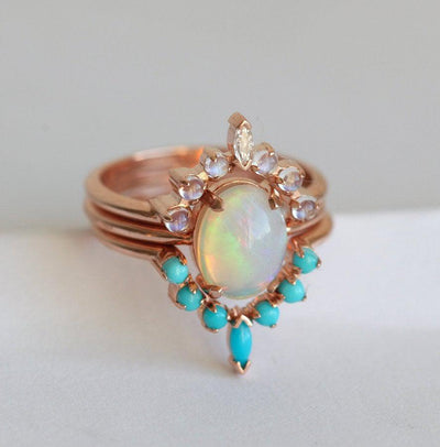 Oval Australian Opal Engagement Ring Set with Moonstone, Turquoise Gemstones and a White Diamond