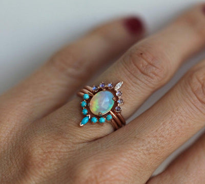 Oval Australian Opal Engagement Ring Set with Moonstone, Turquoise Gemstones and a White Diamond