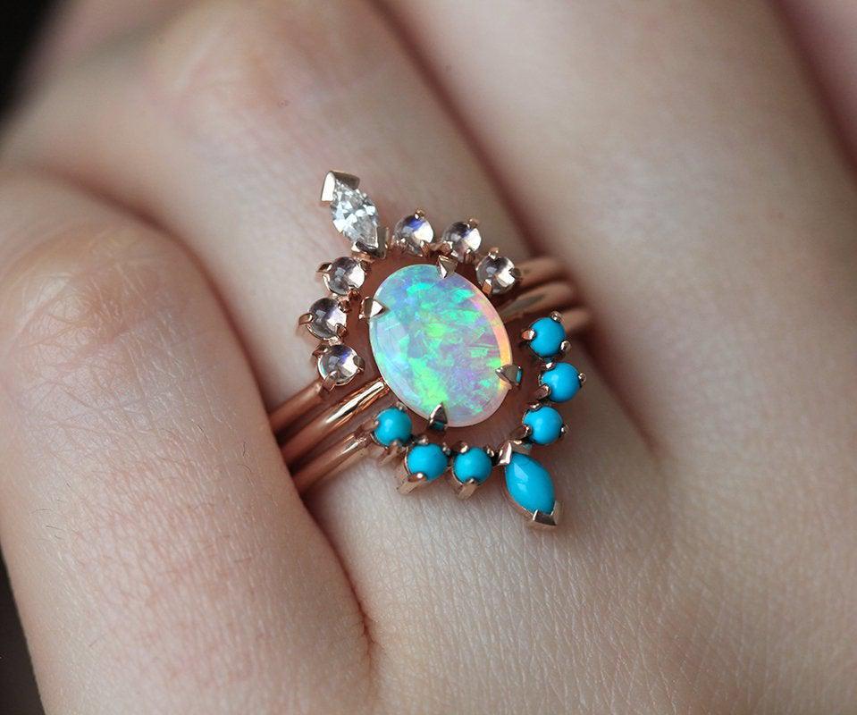 Oval Australian Opal Engagement Ring Set with Moonstone, Turquoise Gemstones and a White Diamond