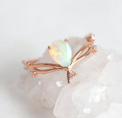 Vintage Gold Pear Opal Ring with Side White Diamonds and Black Diamond Crown Ring