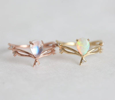 Vintage Gold Pear Opal Ring with Side White Diamonds