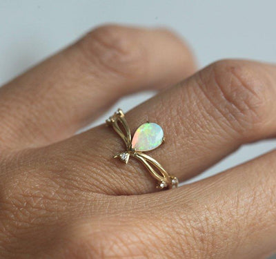 Vintage Gold Pear Opal Ring with Side White Diamonds
