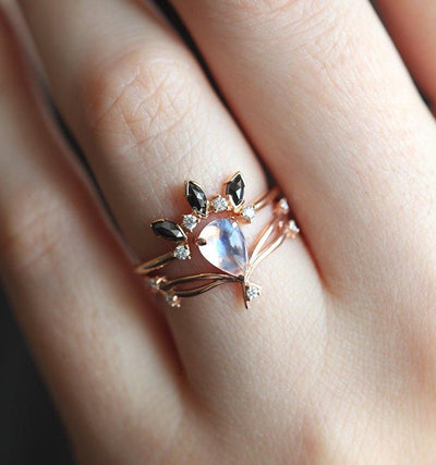 Vintage Gold Pear Opal Ring with Side White Diamonds and Black Diamond Crown Ring