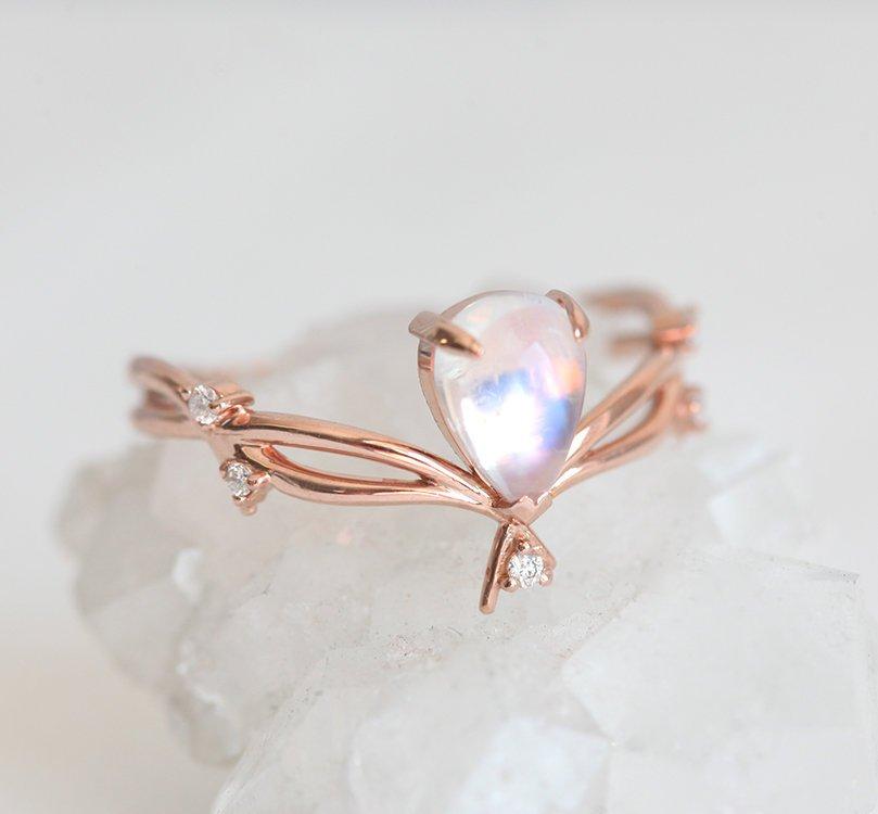 Vintage Gold Pear Opal Ring with Side White Diamonds