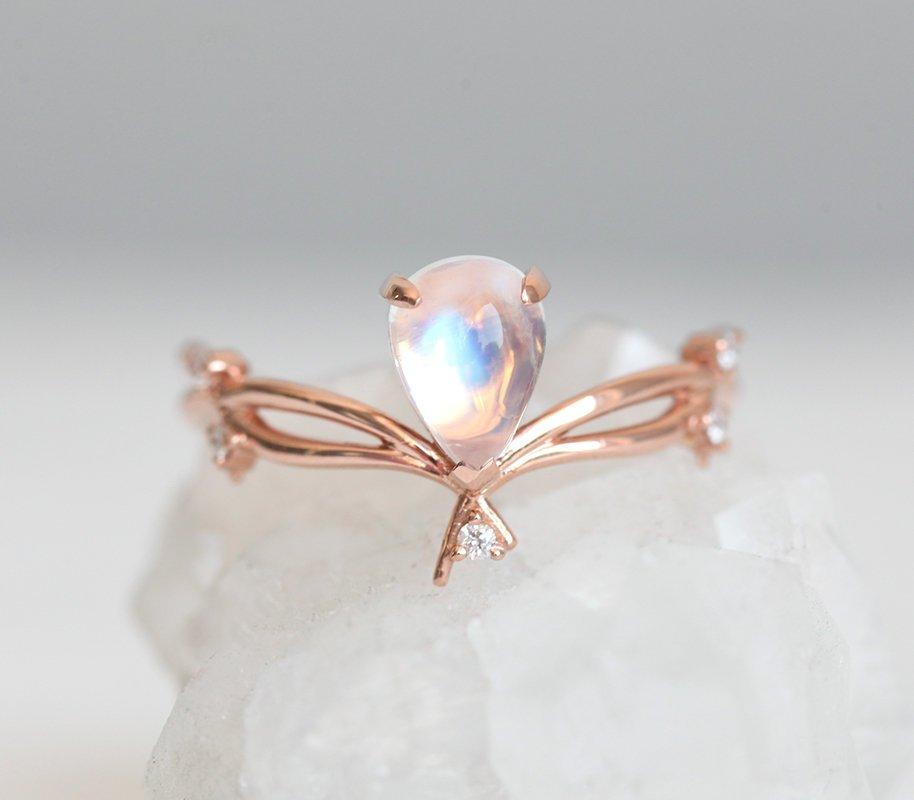 Vintage Gold Pear Opal Ring with Side White Diamonds