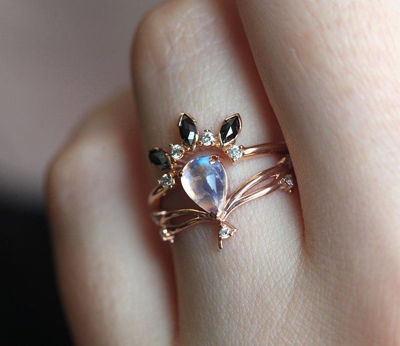 Vintage Gold Pear Opal Ring with Side White Diamonds and Black Diamond Crown Ring