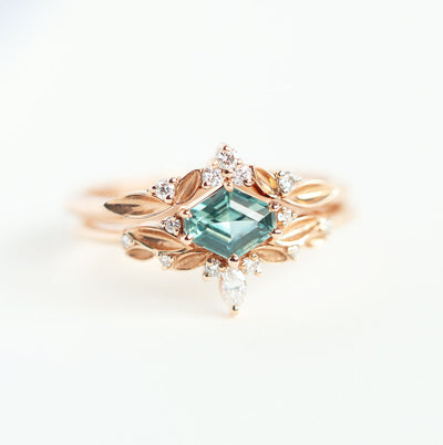 Hexagon shaped mint-green sapphire engagement ring