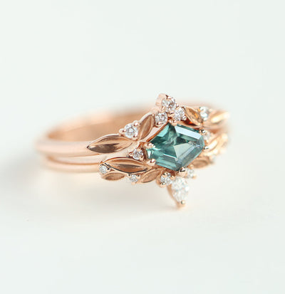 Hexagon shaped mint-green sapphire engagement ring