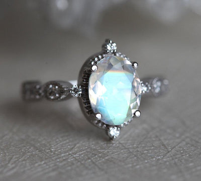 White Oval Moonstone Gold Vintage Ring