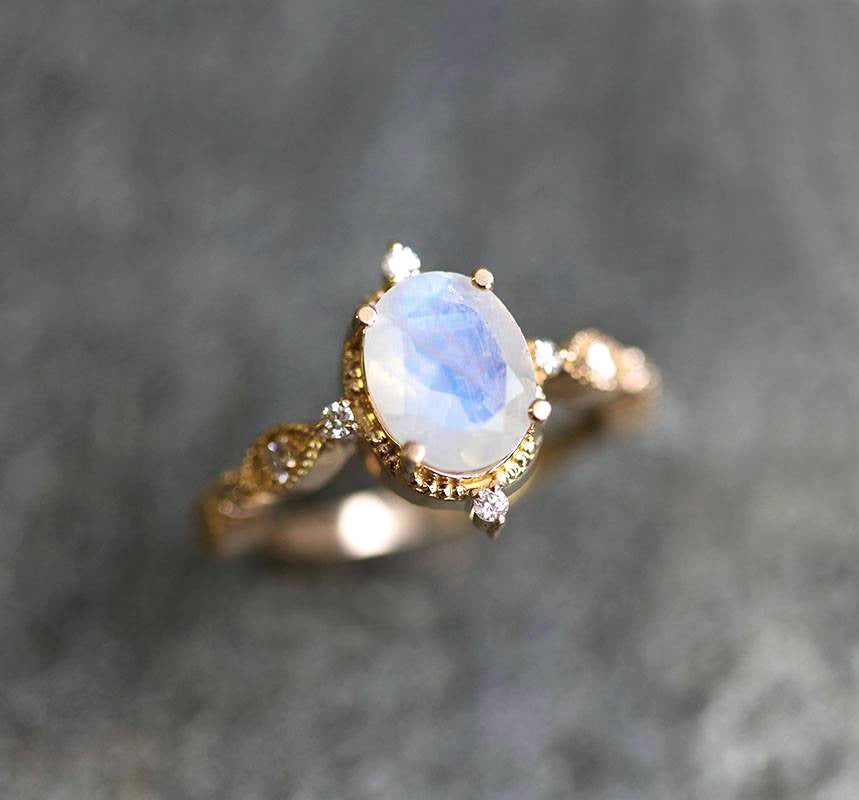 Oval Moonstone Vintage Eye-Shape Yellow Gold Engagement Ring with Side Round White Diamonds