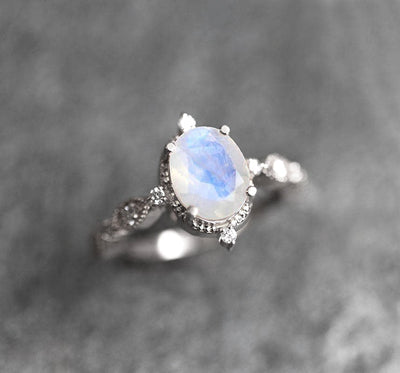 Oval Moonstone Vintage Eye-Shape White Gold Engagement Ring with Side Round White Diamonds