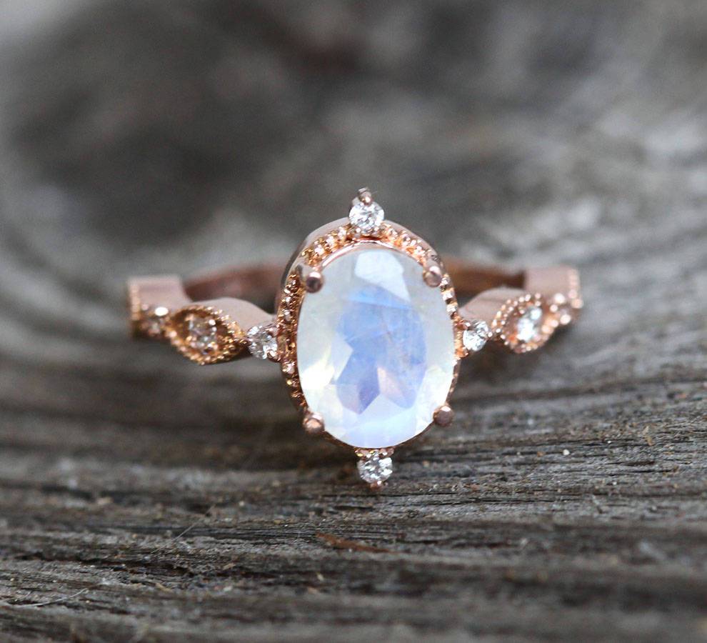 Oval Moonstone Vintage Eye-Shape Rose Gold Engagement Ring with Side Round White Diamonds