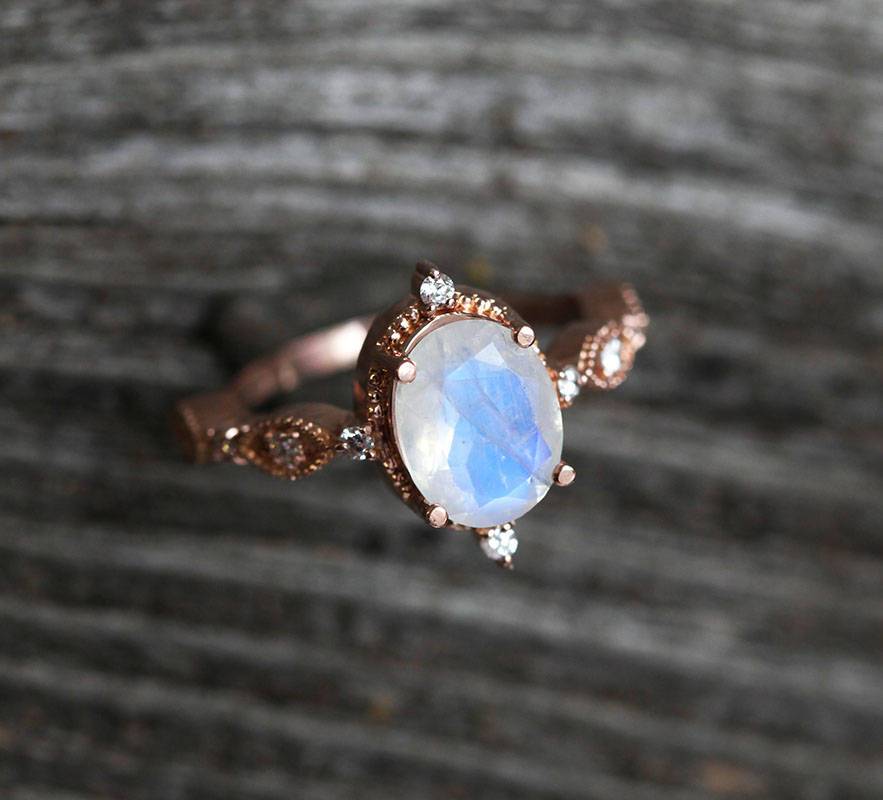 Oval Moonstone Vintage Eye-Shape Rose Gold Engagement Ring with Side Round White Diamonds