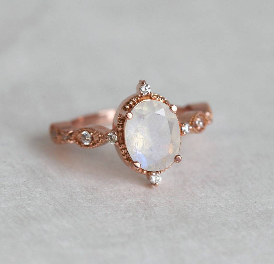 Oval Moonstone Vintage Eye-Shape Rose Gold Engagement Ring with Side Round White Diamonds